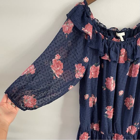 Joie | Women’s Navy Luvenia Floral Off Shoulder Dress Floral Textured Ruffles L - Picture 5 of 8